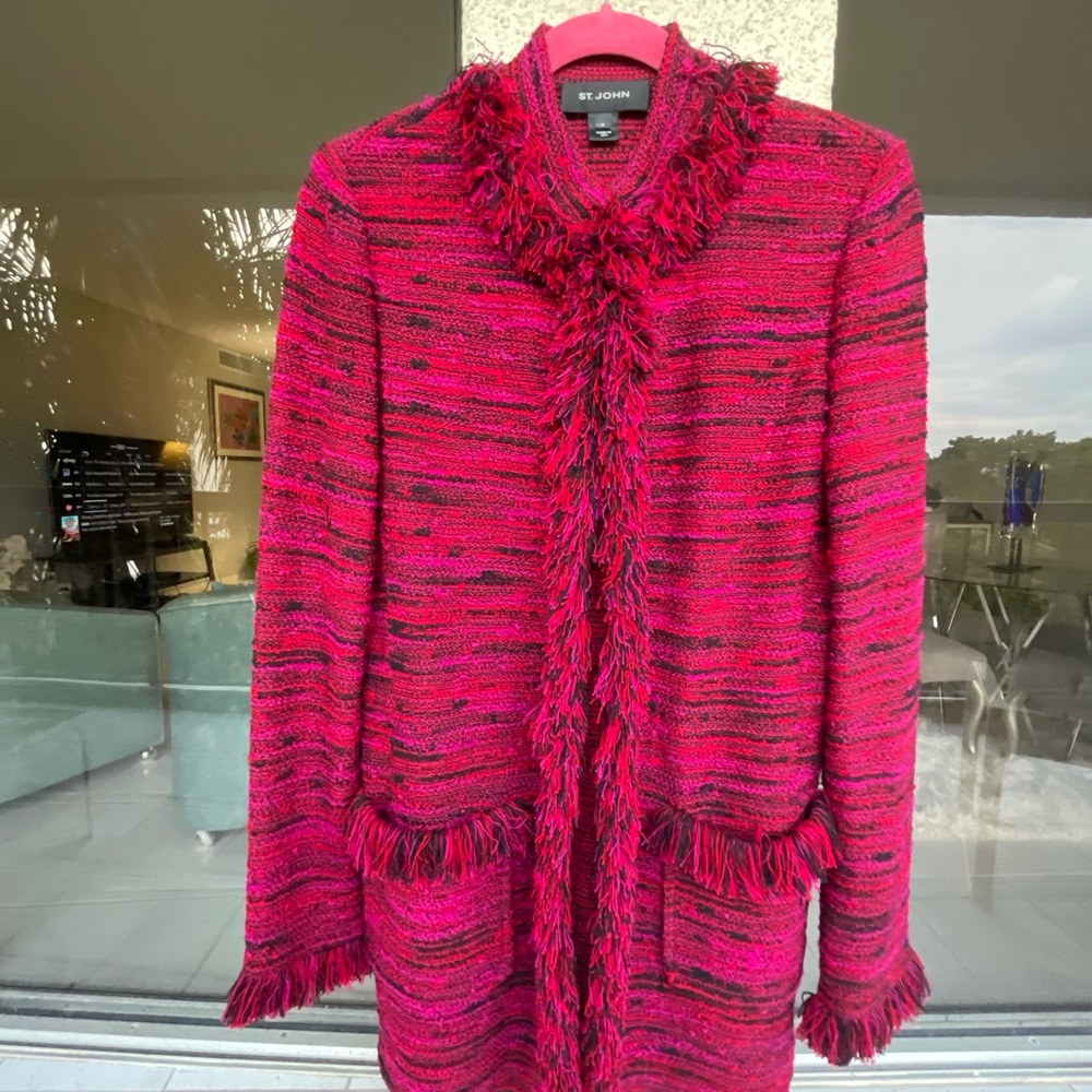 NWOT Rare St John Tweet Jacket Coat in red fuchsia and black long fringe
